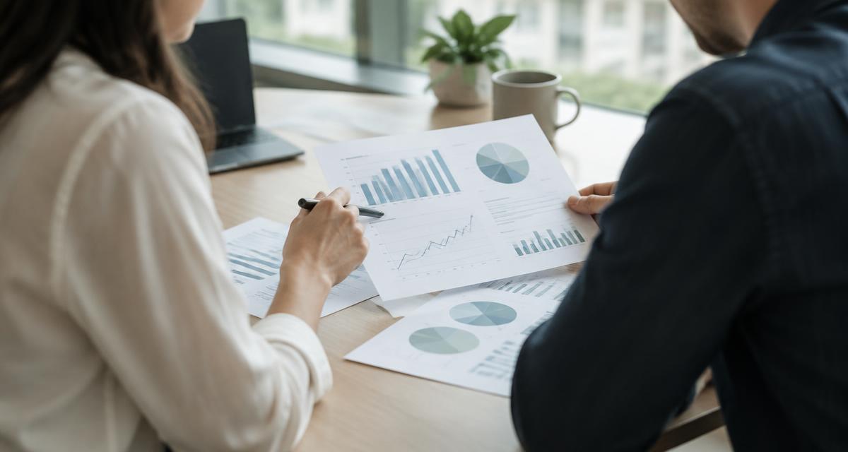 Two colleagues reviewing printed performance charts at a table