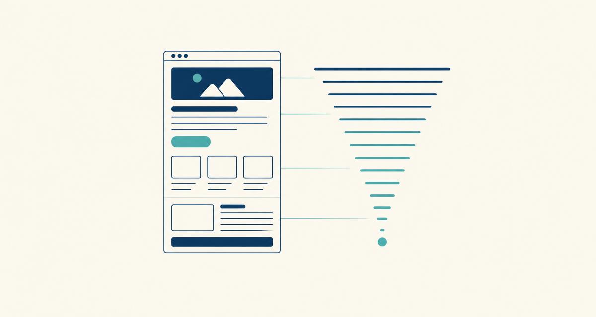 A landing page wireframe beside a narrowing funnel showing drop-off at each section