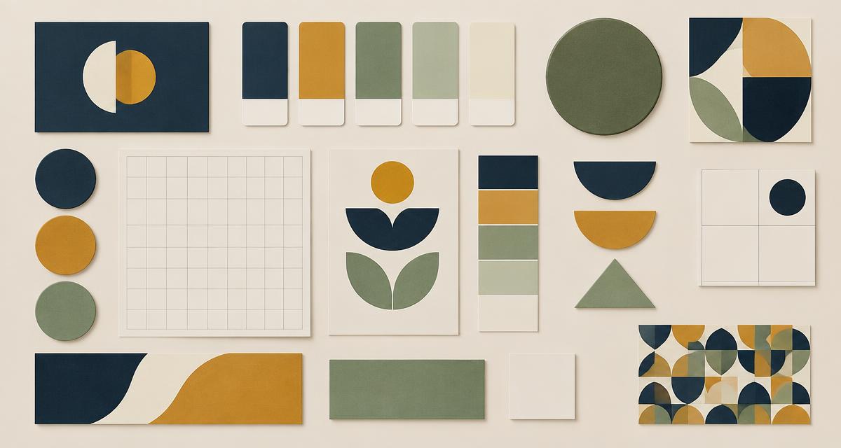 Flat lay of brand assets: colour swatches, grid sheet and geometric marks