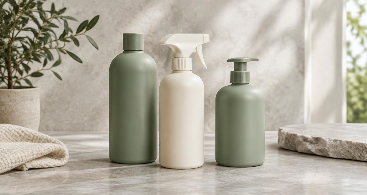Three unlabelled refillable home care bottles on a stone surface