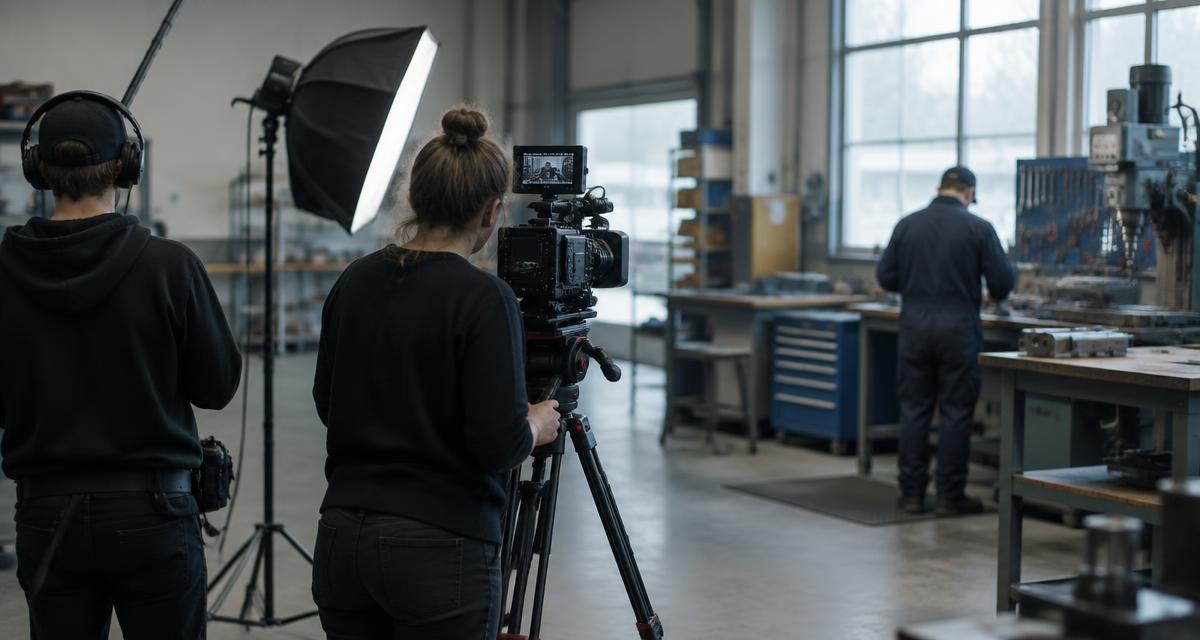 Two-person film crew shooting inside a working industrial workshop